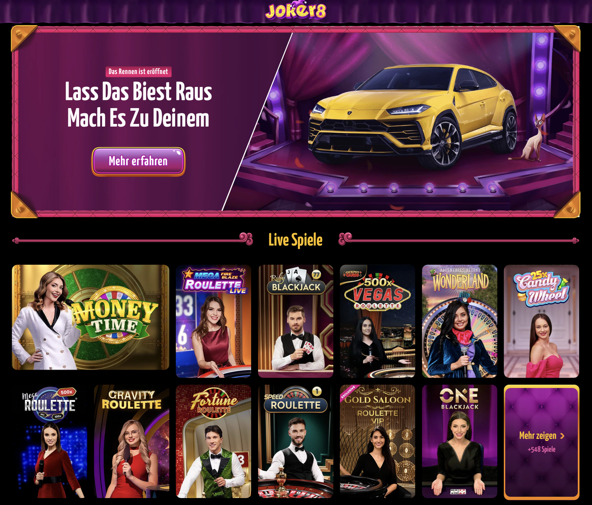 Joker8 Live Casino Spielauswahl